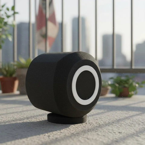 Top Shelf Blue Microphone Windscreen Crafted With Thick Acoustic Foam For Serious Noise Cuts And Heavy Wind Blocks Compact Build on a patio.