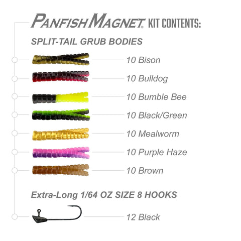 Panfish Magnet Kit With Longer Shad Dart Hook, 82 Piece Lure Set Including 70 Split Tail Grub Bodies And 12 Size 8 Mustad Hooks