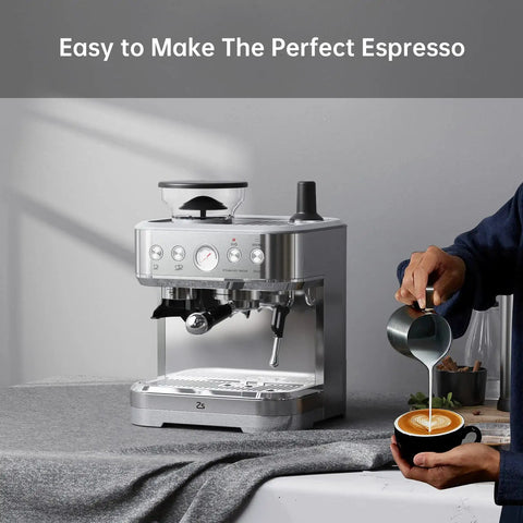 Top Shelf Espresso Machine With Built In Grinder And 15 Bar Pressure Hella Smooth Milk Frother For Fresh Brewed Lattes And Cappuccinos Sturdy Stainless Steel Coffee Maker kitchen counter with man pouring milk into espresso.