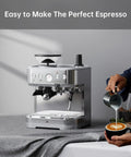 Stainless Steel Espresso Machine Running A 15 Bar Pump And Pid Temp Control Packs A Burr Grinder With Custom Grind Levels Next To A Huge Water Tub Plus Solid Accessories To Knock Out Barista Shots On The Regular in action creating a latte.