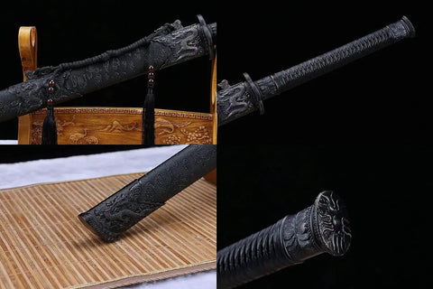 Close-up of Beefy Damascus Tang Dao Sword With Black Gold Finish, detailed handle and scabbard design, handcrafted for display.