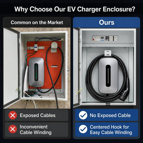 Comparison of Tough As Nails Outdoor EV Charger Enclosure With Hella Secure Locking Steel Cabinet showing organized storage.