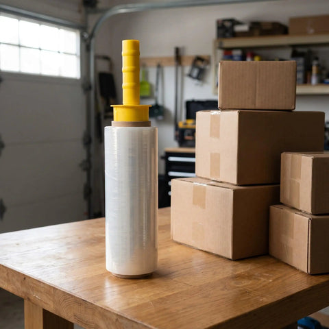 Stretch Film Dispenser Handle With Robust Design Yellow 2 Pack Plastic Wrap Roll Handle on stretch film roll beside shipping boxes