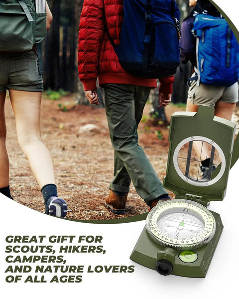 Rugged Lensatic Sighting Compass With Carrying Bag Waterproof And Shakeproof Army Green beside hikers in forest