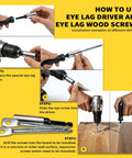 Installation steps for Heavy Duty Zinc Plated Eye Lag Wood Screws paired with a quick install driver bit.