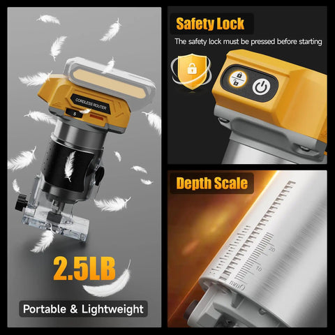 Brushless Cordless Trim Router Smooth Operator 20 V Battery Fit 30000 Rpm Palm Tool 6 Speed showing safety lock and depth scale.