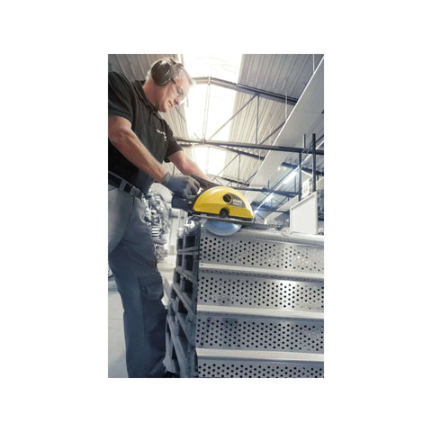 Heavy Duty Cordless Metal Circular Saw 18V 5.5Ah Battery Powered Dry Cutting Tool cutting through steel sheet in warehouse.