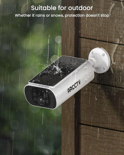 Solar Outdoor Security Cameras Wireless 4 Camera Kit 4MP System With Color Night Vision mounted on wall in rain