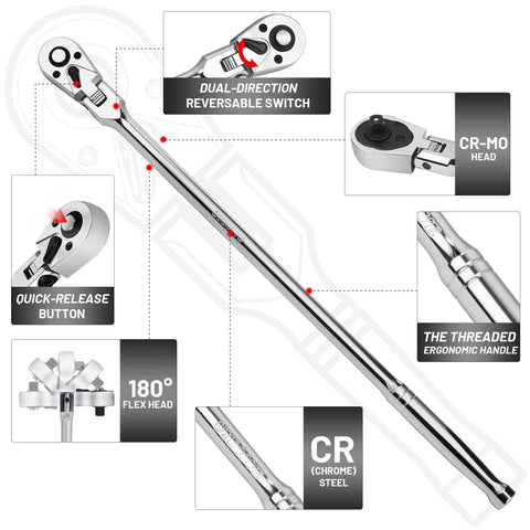 Illustration of Three Eighth Inch Drive Flex Head Ratchet With Long Handle That Helps You Squeeze Into Tight Spots showing features
