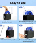 Tutorial on using Filament Dryer Box Pro With Fan For 3D Printing; shows loading, threading, connecting, and setting up steps.