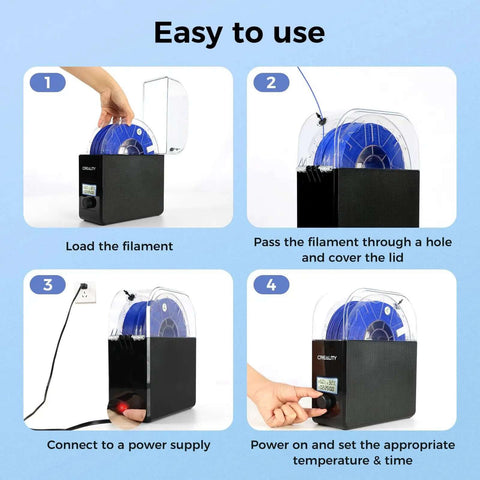 Tutorial on using Filament Dryer Box Pro With Fan For 3D Printing; shows loading, threading, connecting, and setting up steps.