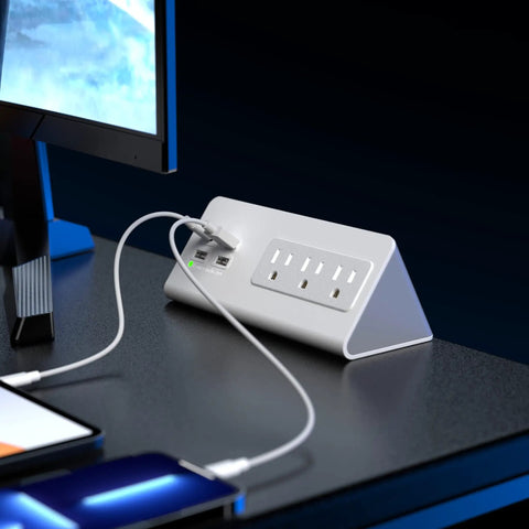 Edge Mount Power Strip With USB-C Ports And 4 Fast-Charging USB Ports, Desk Clamp Surge Protector, 3 AC Outlets on desk