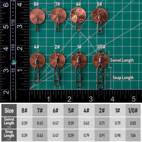Heavy Duty Fishing Clips With Swivels Set Including Barrel Swivels, Quick Change Lure Snaps, Size Chart On Green Grid