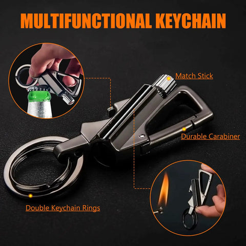 Infinity Permanent Match Lighter With Multitool Keychain Bottle Opener shown with durable metal body and carabiner.