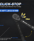 Click-stop feature of 3/8 Inch Drive Magnetic Spark Plug Socket Set With Click Torque Wrench 5-45 Ft-Lb And 6.8-61 Nm
