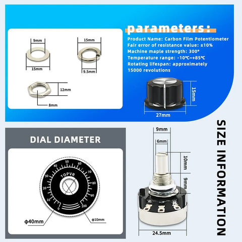 Specifications and dimensions of RV24YN20S Carbon Film Rotary Taper Potentiometer 100K 4 Pack with knobs and dials