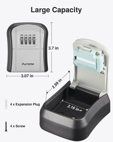 Wall Mounted Key Lock Box With Resettable Combo Code For Home Office And Garage Secure Spare Key Storage shown open with dimensions