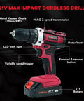 21V Cordless Drill Set With Dual Batteries And Charger, 25 Plus 3 Torque, 2 Speed, 315 In Lb Impact Drill Kit with LED Light