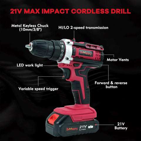 Cordless Drill Kit 21V Power Drill Set With Two Batteries And Charger 25 Plus 3 Torque Settings Two Speed Modes Up To 1850 RPM