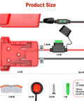 Diagram showing 18V Battery Adapter Kit for Milwaukee M18 to Power Ride On Toys with size specifications and components.