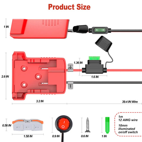 Diagram showing 18V Battery Adapter Kit for Milwaukee M18 to Power Ride On Toys with size specifications and components.