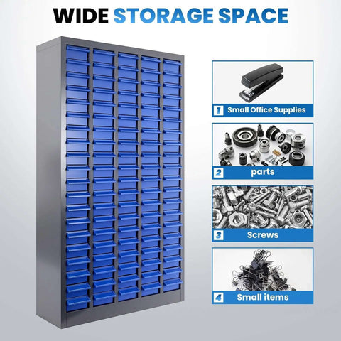 Front view of 100 Drawer Parts Cabinet for tools and hardware organization with alloy steel frame and ABS drawers in silver and blue finish.