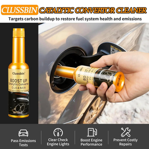 Pouring Catalytic Converter Cleaner Kit Four Pack For Engine And Exhaust System Carbon Removal Additive into car fuel tank.
