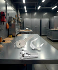 Universal Stainless Toolbox Lock Set For Toolboxes, Cabinets And Drawers With 180 Degree Rotation on a workshop table