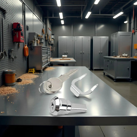 Universal Stainless Toolbox Lock Set For Toolboxes, Cabinets And Drawers With 180 Degree Rotation on a workshop table