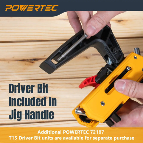 Heavy Duty Edge Deck Screw Jig Kit With T15 Torx Bit Plus Three Precise Board Spacing Settings For Smooth Hidden Fastening On Thirty Five To Six Inch Wood Or Composite Planks Fitting Standard Number Ten Screws For No Sweat Deck Builds, showing driver bit in jig handle.