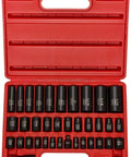 Master Impact Socket Set for Three Eighths Inch and One Half Inch Drives, 38 Piece, SAE and Metric Sizes in red case