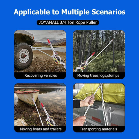 Rope Puller Three Quarter Ton Capacity With 100 Feet Of 0.6 Inch Rope Come Along Winch Hoist for vehicle recovery, tree felling.