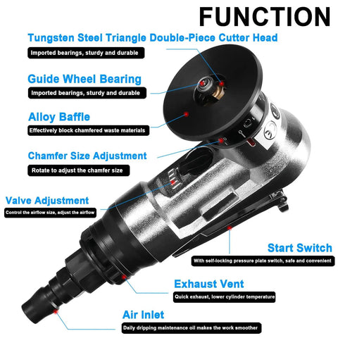 Handheld Pneumatic Chamfering Tool For Metal with adjustable chamfer size and alloy baffle for waste block, portable air-powered design.