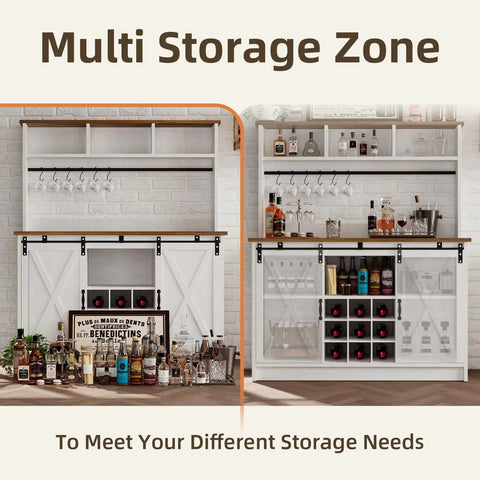 Premium White Farmhouse Coffee Bar Cart With Sliding Barn Doors Open Storage Hutch Integrated Wine Rack Solid Wood Serving Counter Top Station in dual configurations.