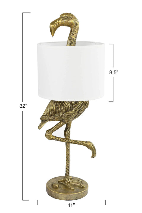 Whimsical Resin Flamingo Table Lamp With Linen Shade In Gold Finish, 32 Inches Tall, Inline Switch, flamingo silhouette