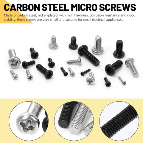 Top Shelf Assorted Metric Micro Screw Kit Packing 1200 Phillips Pan Head Fasteners Across Twenty Four Precision Sizes with carbon steel micro screws.