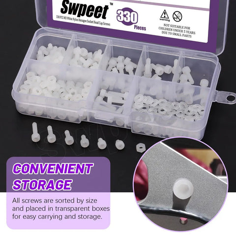 330Pcs M3 Nylon Hex Socket Screws Nuts With Washers Kit Six Sizes Black Plastic Hex Head Cap Screws Bolts Nuts Full Thread Knurled Bolts Lengths 4 5 6 8 10 12mm Dope For DIY Electronics And Hobby Builds in storage case