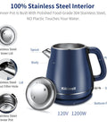 Stainless Steel Electric Kettle 1.8 Liter With Double Wall And Cool Touch Exterior Auto Shut Off Boil Dry Protection 120V 1200W Blue