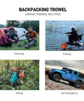 Backpacking activities using Ultra Lightweight 9-In-1 Mini Camping Shovel Trowel Kit; camping, fishing, hiking, car emergency scenarios.