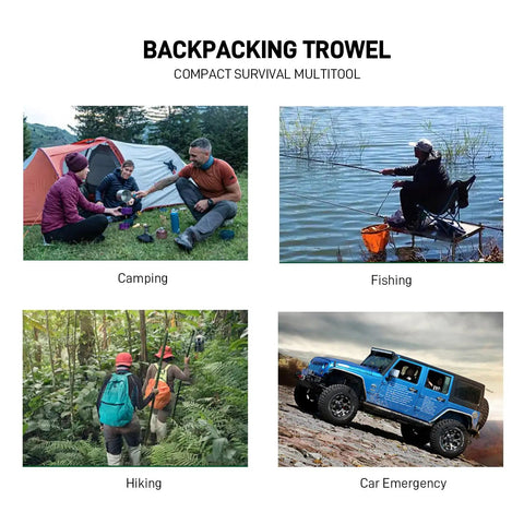 Backpacking activities using Ultra Lightweight 9-In-1 Mini Camping Shovel Trowel Kit; camping, fishing, hiking, car emergency scenarios.