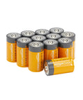 Top Shelf D Cell Batteries 12 Pack Alkaline Power Cells One Point Five Volt with orange and gray design for flashlights, toys, clocks.
