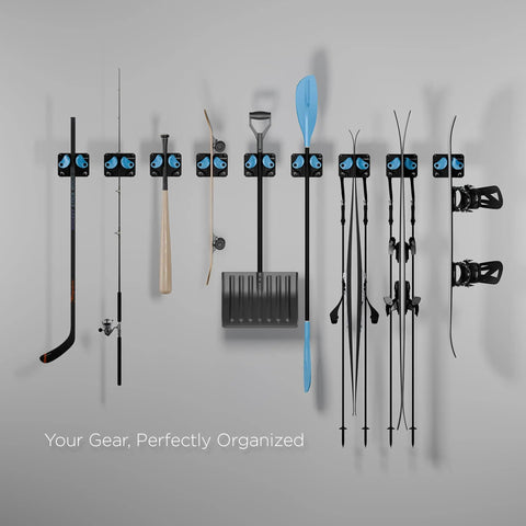 Ultimate Ski and Snowboard Wall Rack With Gravity Locking Design displaying various sports gear organized on a wall.