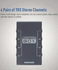 Front view of Junction Box for Guitar and Bass Pedals, TRS Stereo Four-Channel Organizer showing input-output ports and branding.