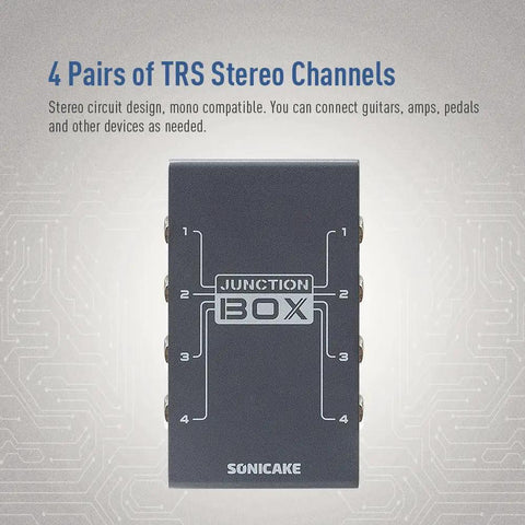 Front view of Junction Box for Guitar and Bass Pedals, TRS Stereo Four-Channel Organizer showing input-output ports and branding.