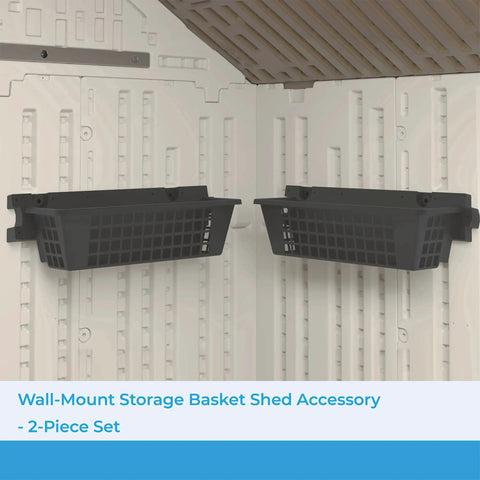Two Pack Shed Basket Organizer Set with Wall Mount Shelf Kit, black resin bins mounted in outdoor shed.