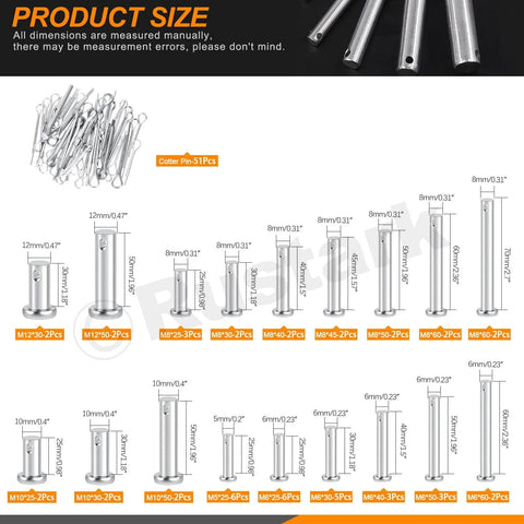 51 Piece Flat Head Clevis Pins Kit With 18 Sizes From M5 To M12 Includes M5x25 To M12x50 Single Hole T Shape Pins With Product Sizes.