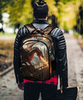 Castle Fire Wyrm Printed Unisex Backpack With Large Capacity worn by a person on a path, featuring a dragon design.