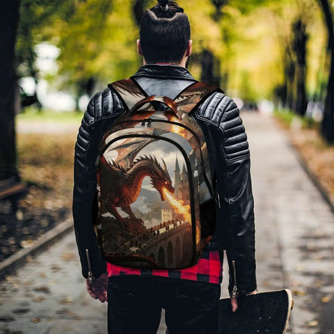 Castle Fire Wyrm Printed Unisex Backpack With Large Capacity worn by a person on a path, featuring a dragon design.