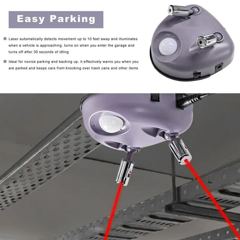 Park Smooth In Any Spot With Dual Motion Activated Laser Guides Adjustable 360 Degree Universal Car Parking Sensor and Stop Indicator With AC Adapter For Zero Curb Rash Daily — overhead view of sensor with dual laser guides projected.