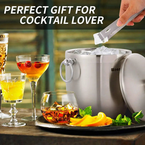 Ice Bucket With Lid And Strainer Set, Includes Scoop And Tongs, Double Wall Insulated Stainless Steel Keeps Ice Frozen Longer, Bar Ready